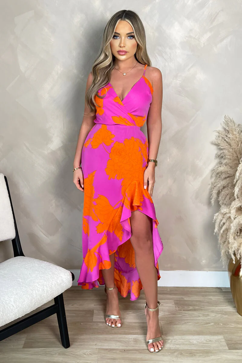 Pink And Orange Floral Printed Wrap Over Strappy Midi Dress - Image 3