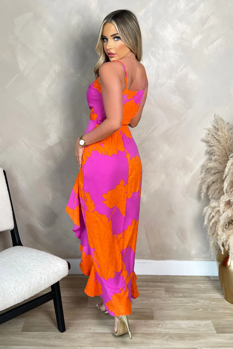 Pink And Orange Floral Printed Wrap Over Strappy Midi Dress - Image 4
