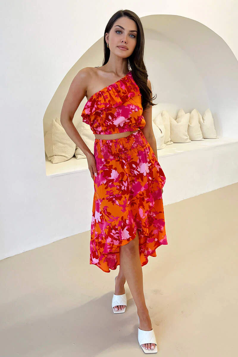 Pink And Orange Frill Detail Dipped Hem Skirt - Image 2