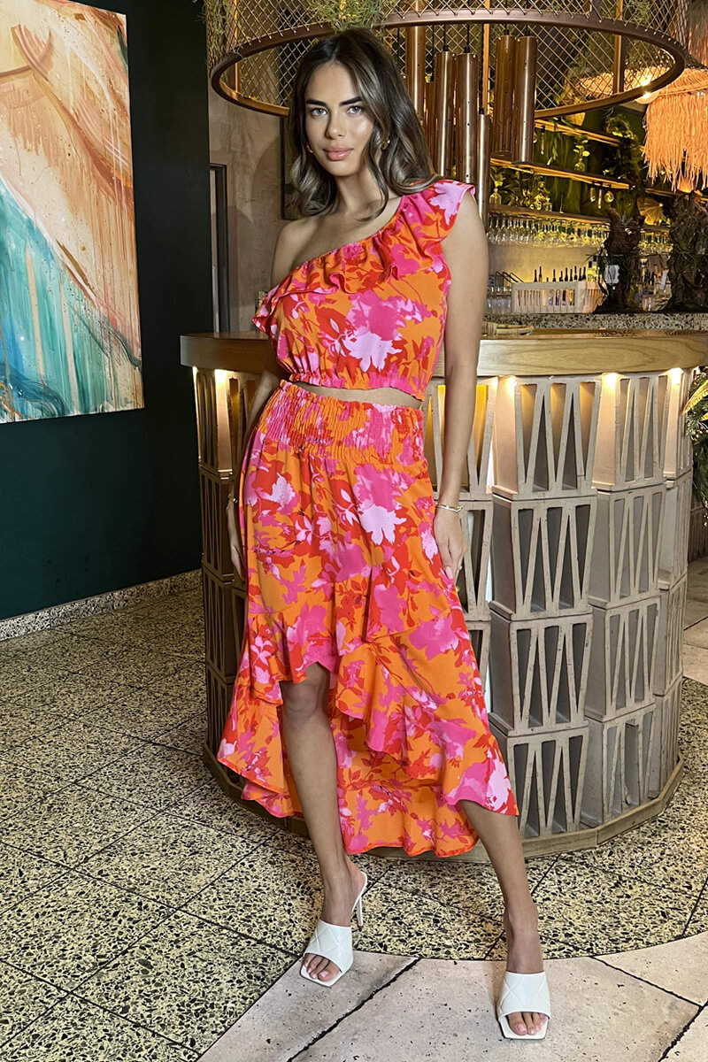Pink And Orange Frill Detail Dipped Hem Skirt - Image 5