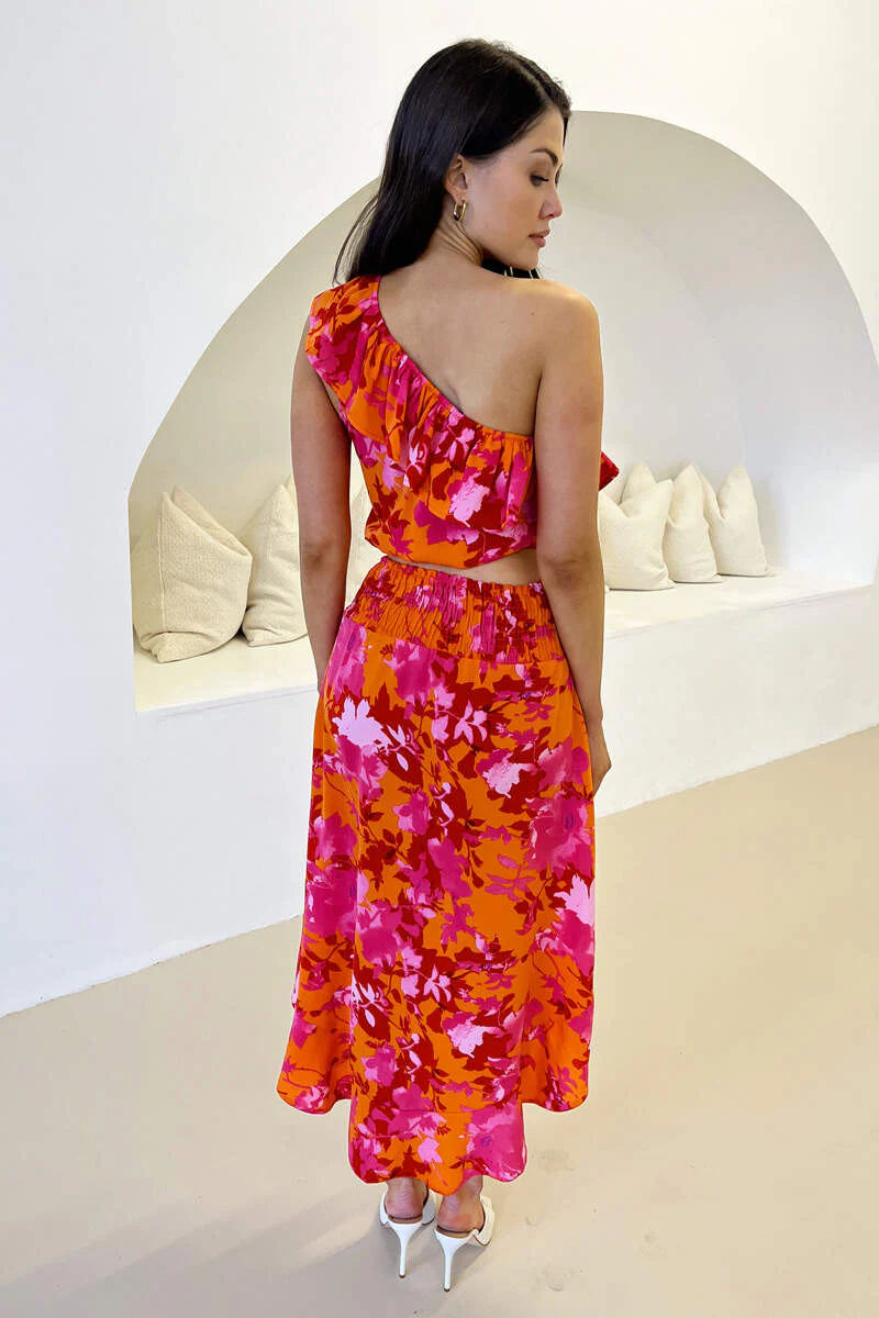 Pink And Orange Frill Detail Dipped Hem Skirt - Image 6