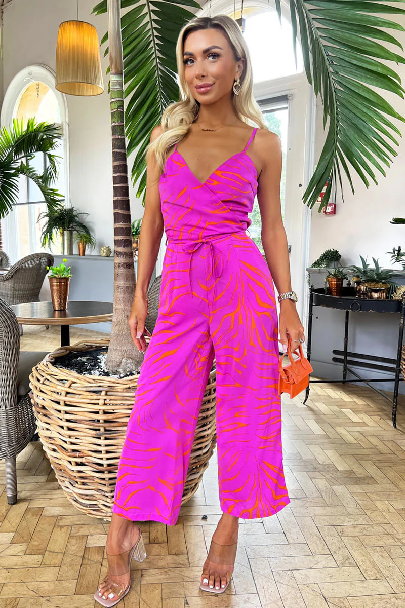 Pink and Orange Printed Wrap Top Tie Waist Full Length Jumpsuit - Image 2