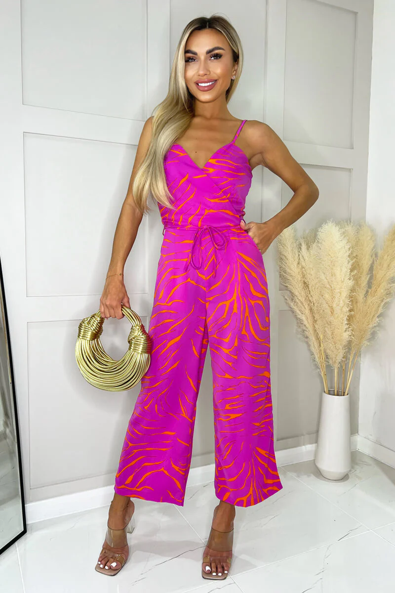 Pink and Orange Printed Wrap Top Tie Waist Full Length Jumpsuit - Image 3
