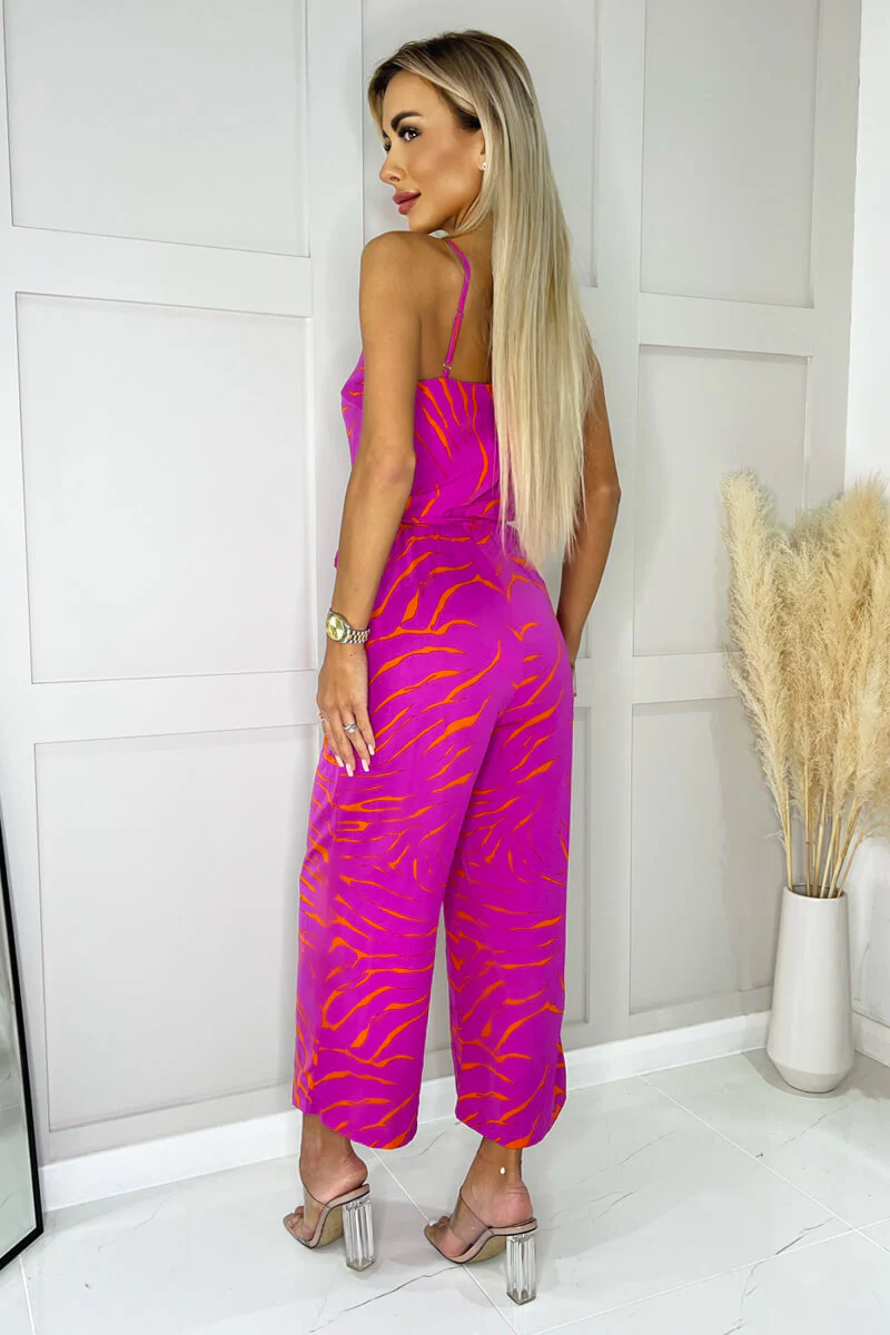 Pink and Orange Printed Wrap Top Tie Waist Full Length Jumpsuit - Image 4