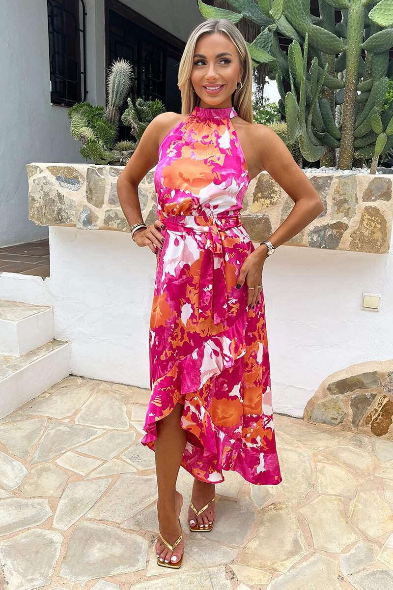 Pink And Peach Abstract Printed Halterneck Tie Waist Dipped Hem Midi Dress - Image 2