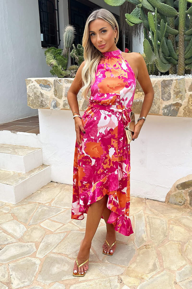 Pink And Peach Abstract Printed Halterneck Tie Waist Dipped Hem Midi Dress - Image 3