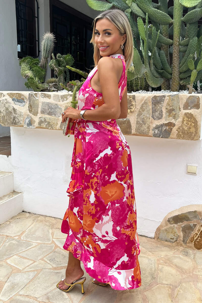 Pink And Peach Abstract Printed Halterneck Tie Waist Dipped Hem Midi Dress - Image 4
