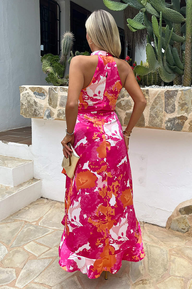 Pink And Peach Abstract Printed Halterneck Tie Waist Dipped Hem Midi Dress - Image 5