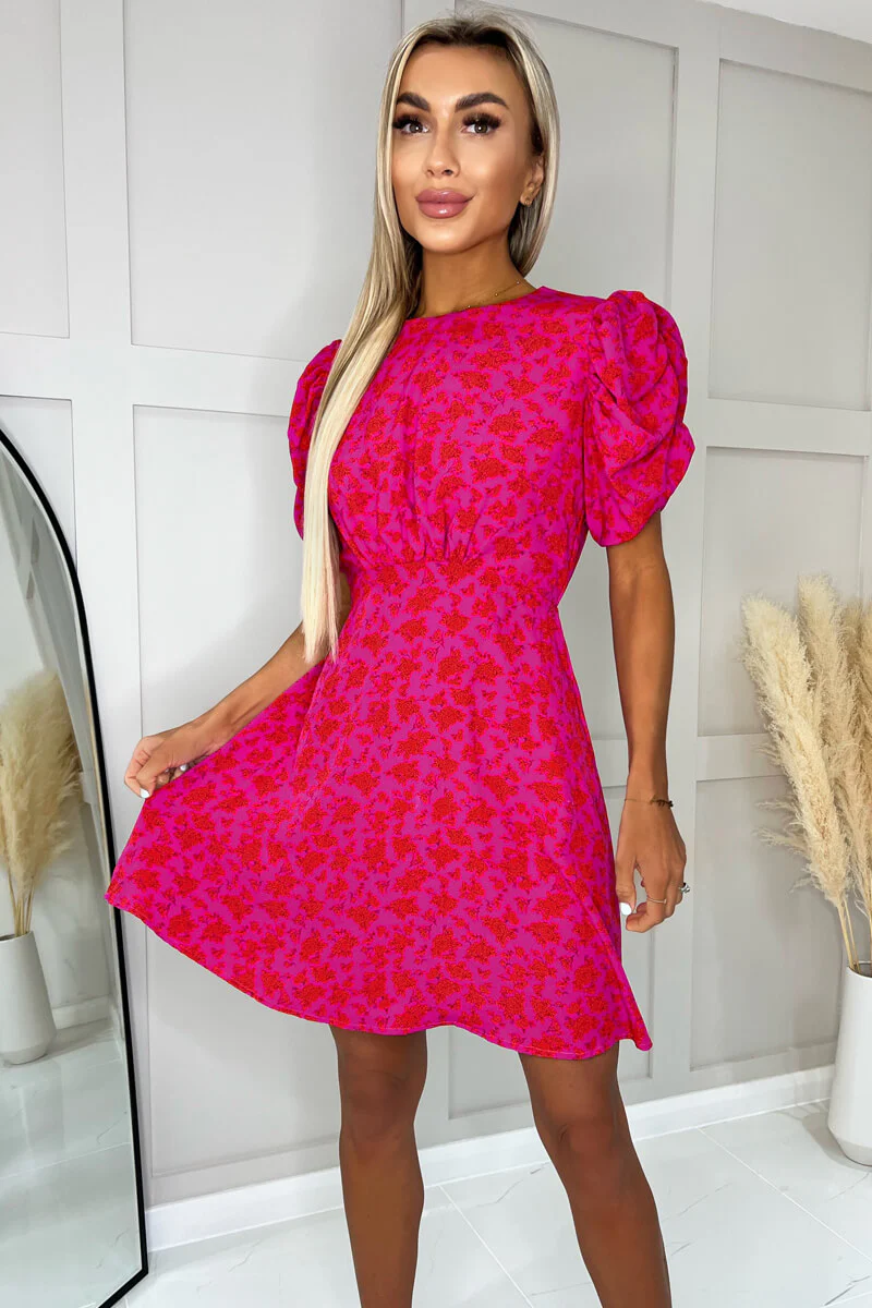 Pink And Red Floral Printed Puff Sleeve Mini Skater Dress - Image 3
