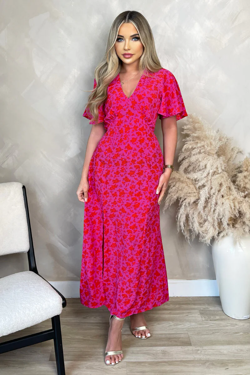 Pink And Red Floral Printed V-Neck Short Sleeve Midi Dress - Image 2