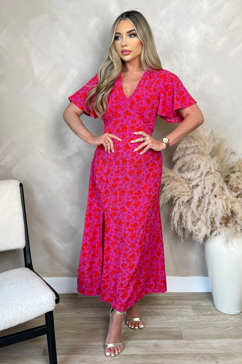 Pink And Red Floral Printed V-Neck Short Sleeve Midi Dress - Image 3