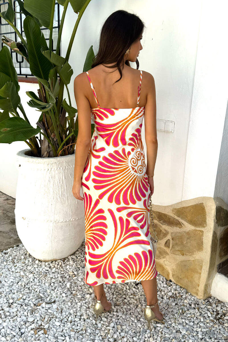 Pink And White Abstract Print Strappy Cowl Neck Slip Midi Dress - Image 5