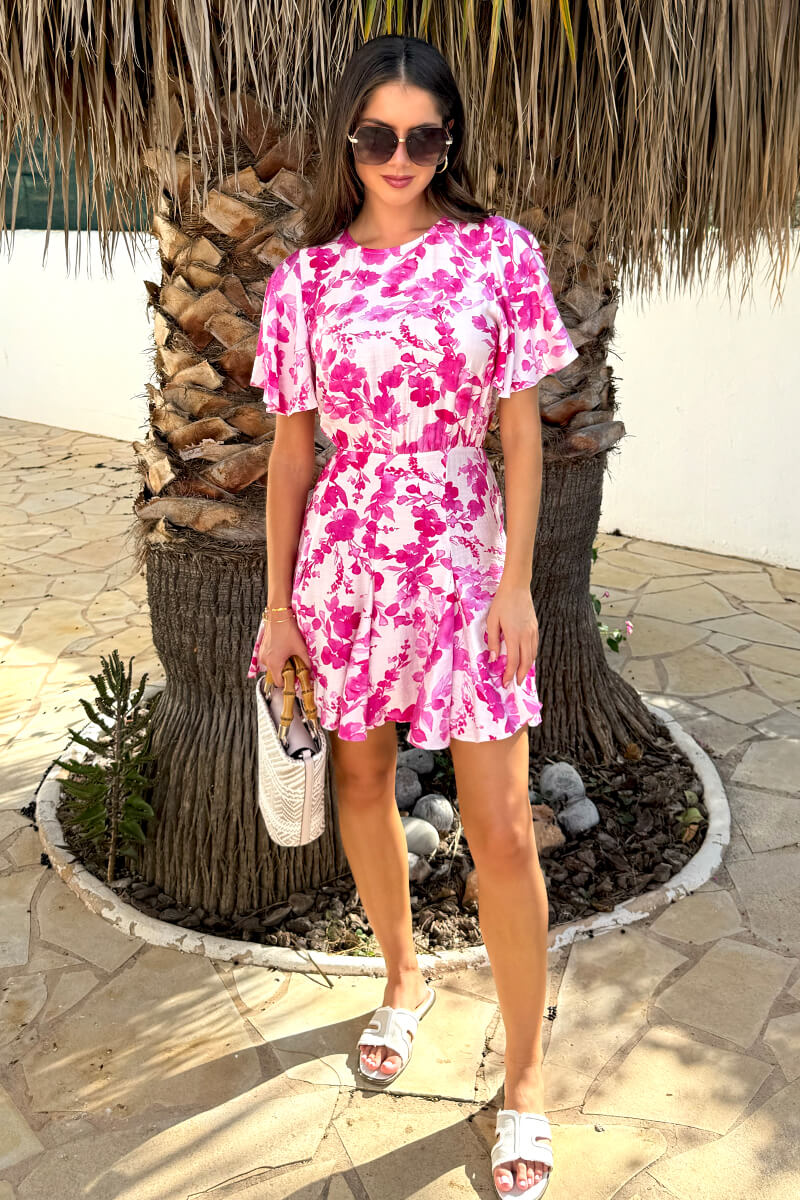 Pink And White Floral Print Butterfly Sleeve Skater Mini Dress - Image 2