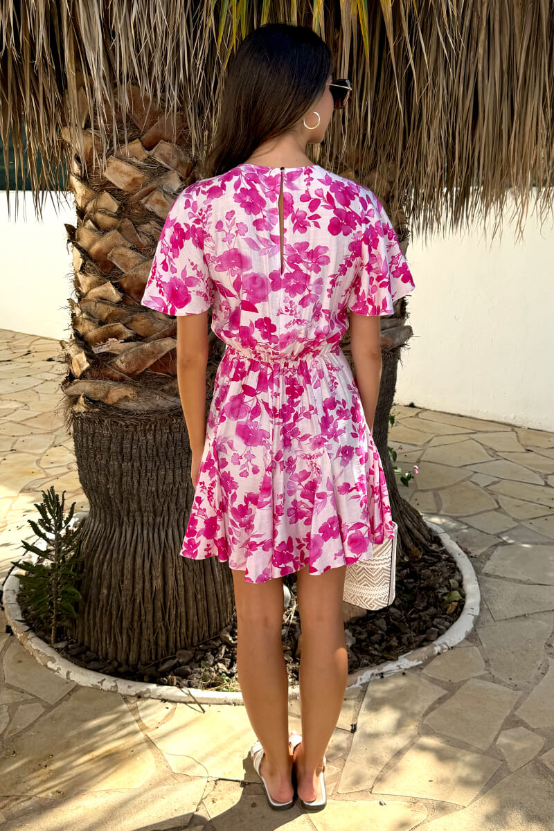 Pink And White Floral Print Butterfly Sleeve Skater Mini Dress - Image 5