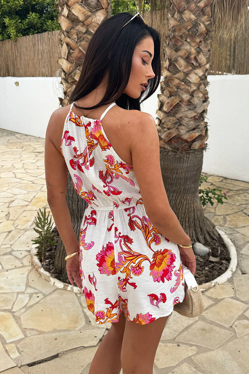 Pink And White Floral Print Racer Neck Playsuit - Image 5