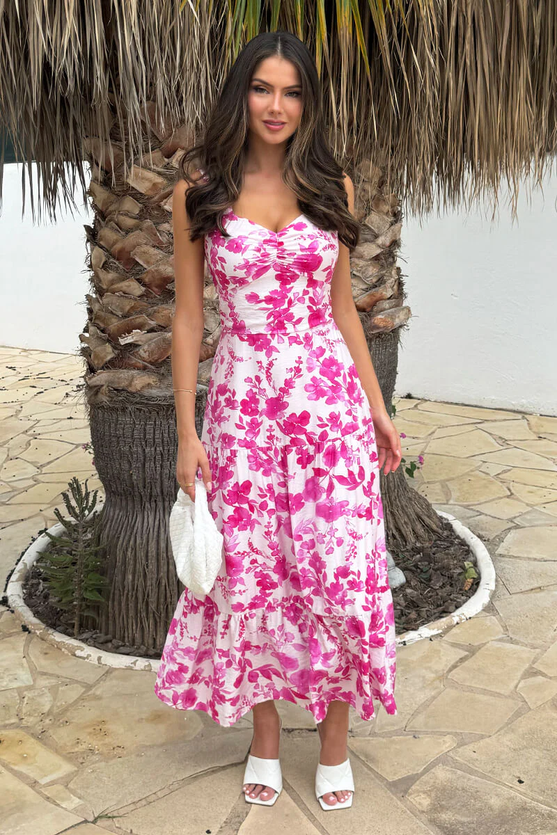 Pink And White Floral Print Shirred Straps Tiered Midi Dress - Image 3