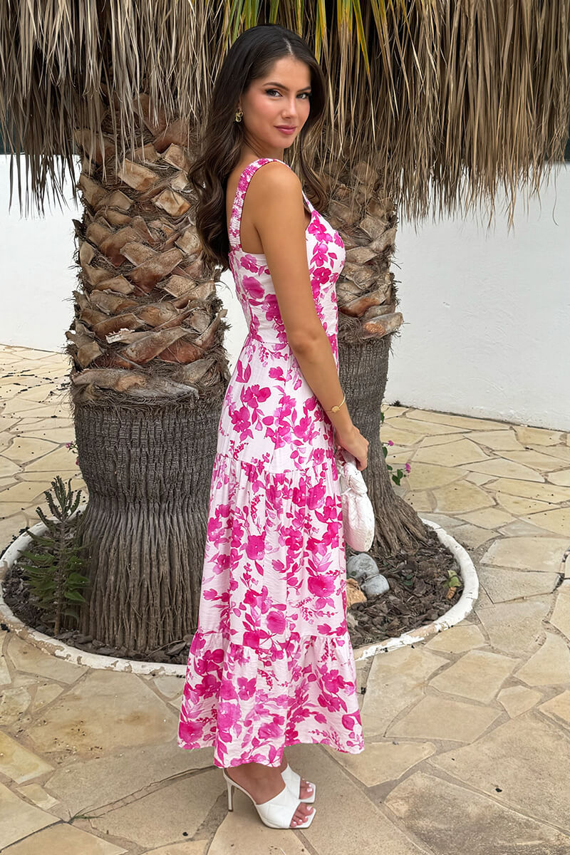 Pink And White Floral Print Shirred Straps Tiered Midi Dress - Image 4