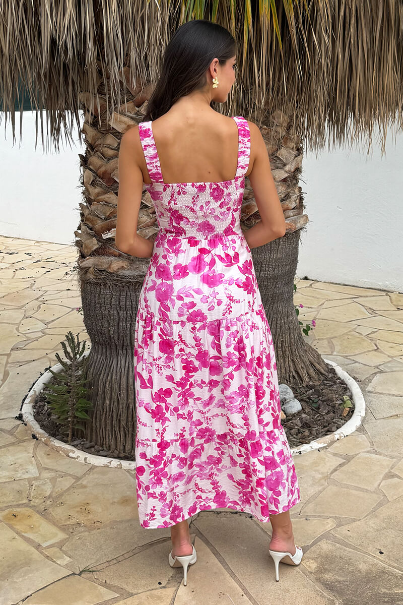 Pink And White Floral Print Shirred Straps Tiered Midi Dress - Image 5