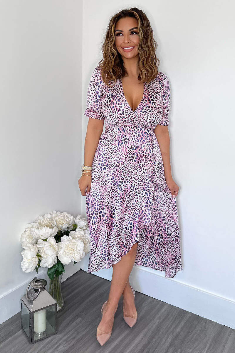 Pink Animal Print Wrap Side Tie Midi Dress - Image 3