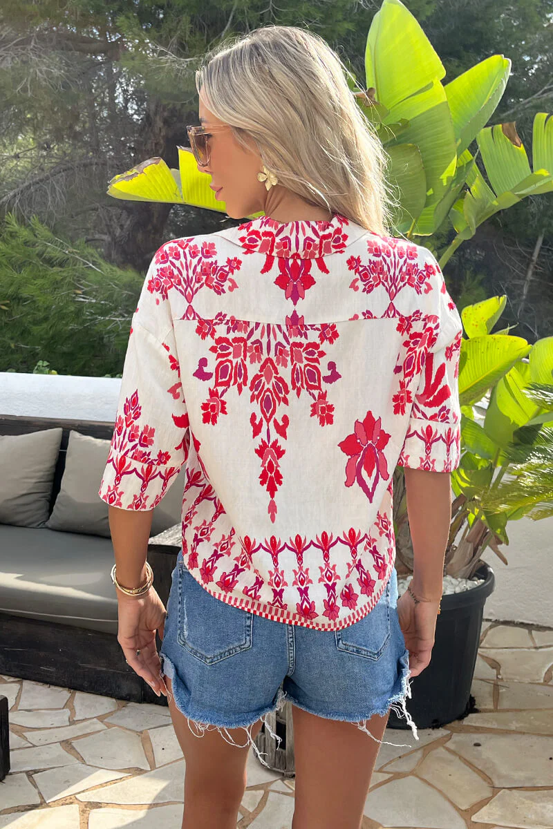 Pink Boho Floral Print Short Sleeve Boxy Shirt - Image 5