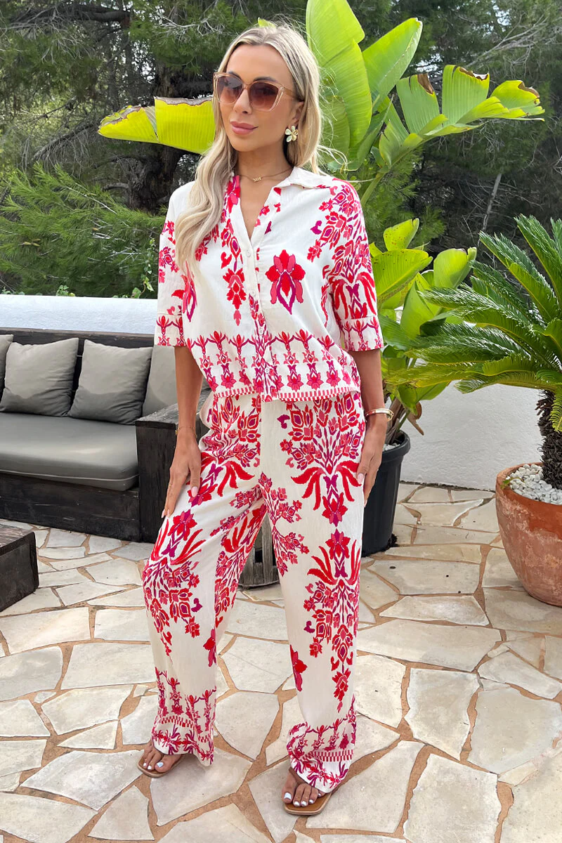 Pink Boho Floral Print Wide Leg Trousers - Image 2