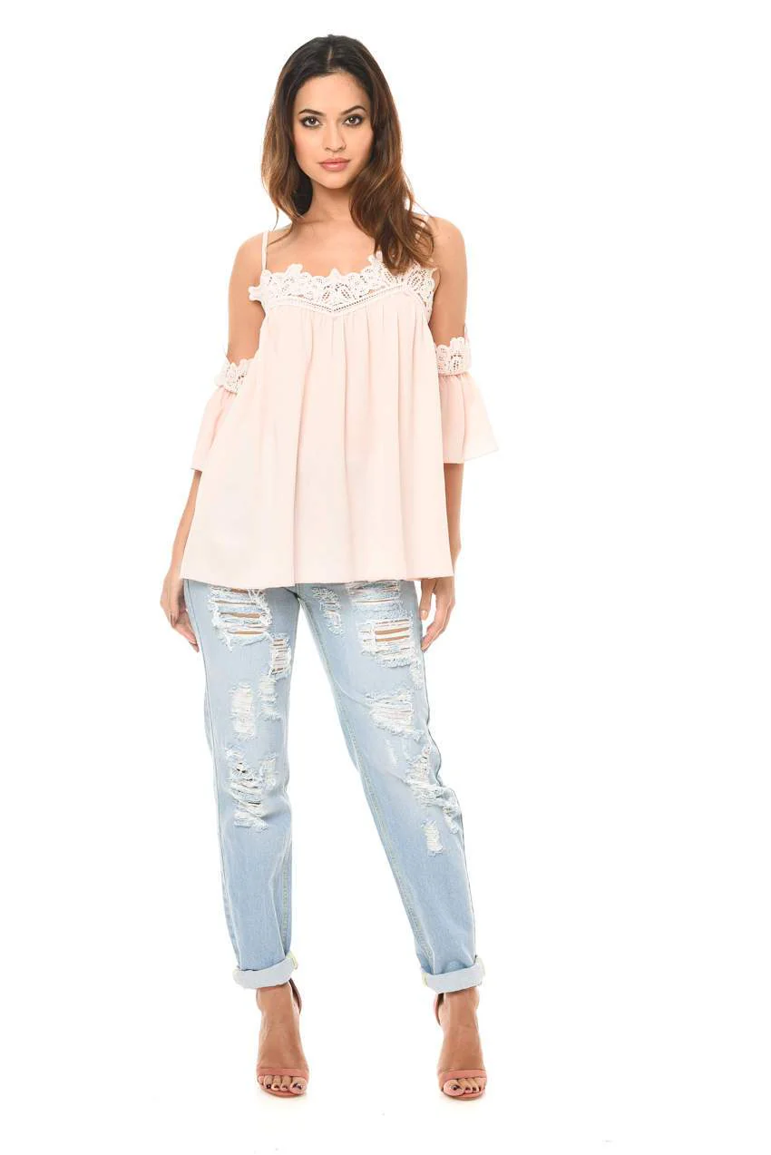 Pink Cold Shoulder Lace Detail Top - Image 2