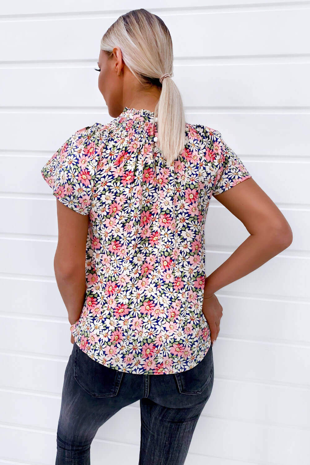 Pink Floral High Neck Frill Sleeve Top - Image 4
