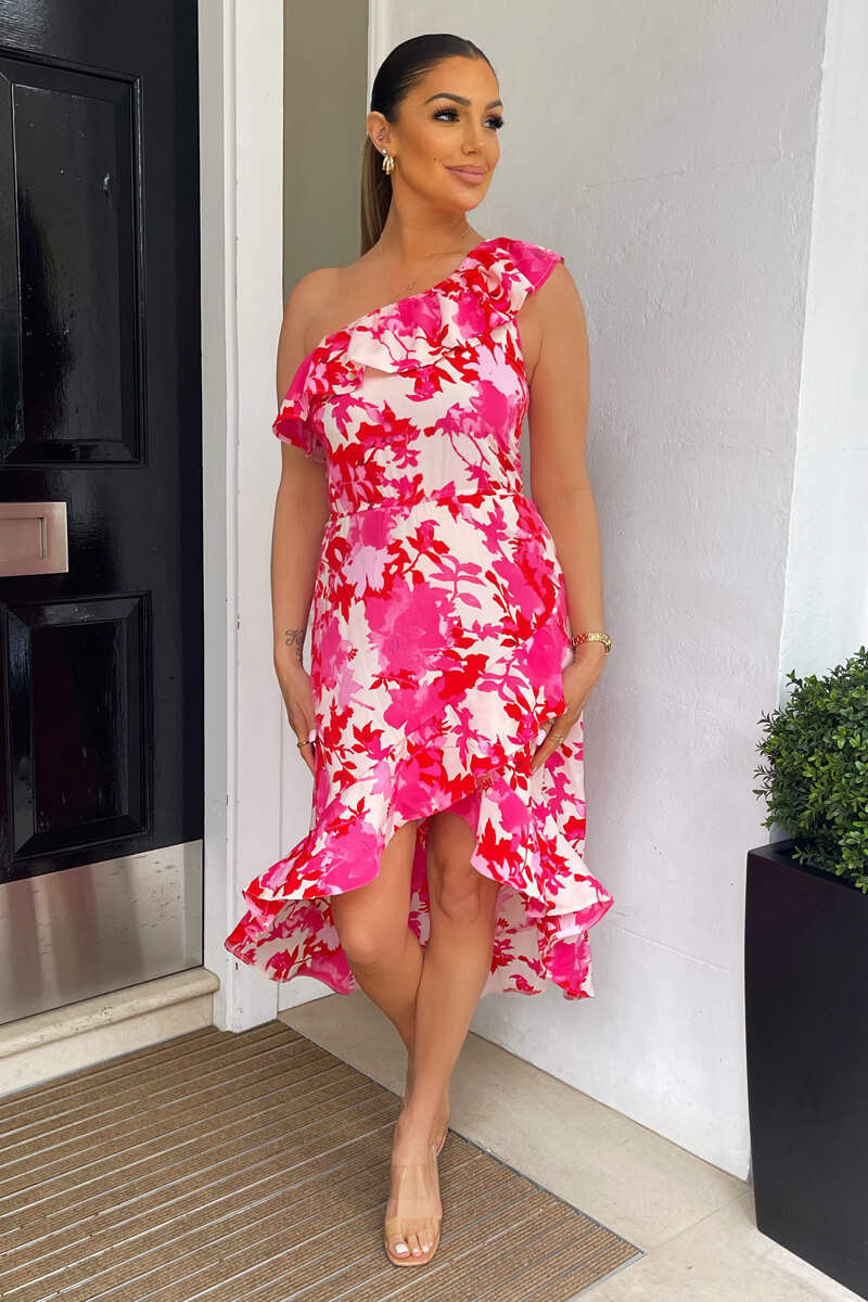 Pink Floral One Shoulder Frill Detail Dipped Hem Dress - Image 2