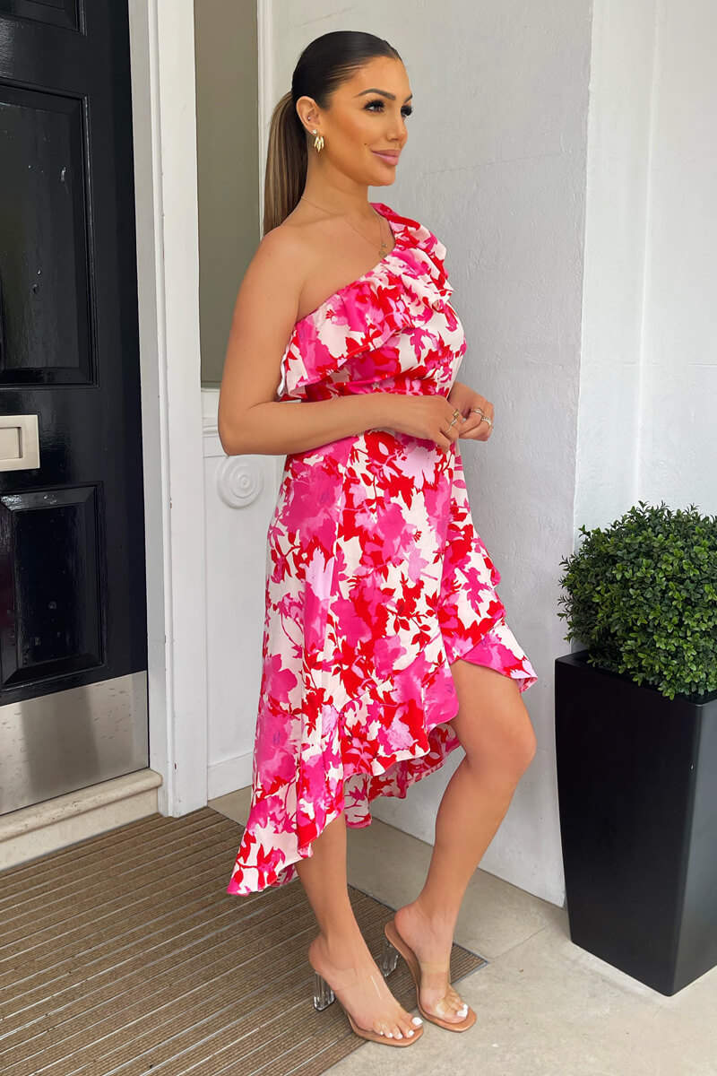 Pink Floral One Shoulder Frill Detail Dipped Hem Dress - Image 3
