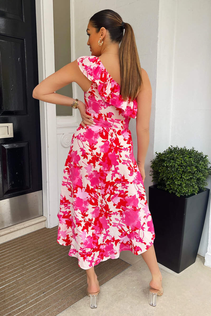 Pink Floral One Shoulder Frill Detail Dipped Hem Dress - Image 4