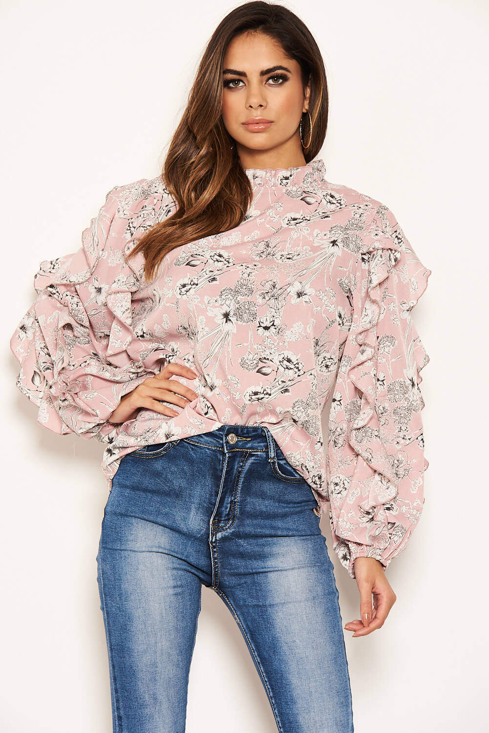 Pink Floral Print Frilled Sleeve High Neck Top - Image 3