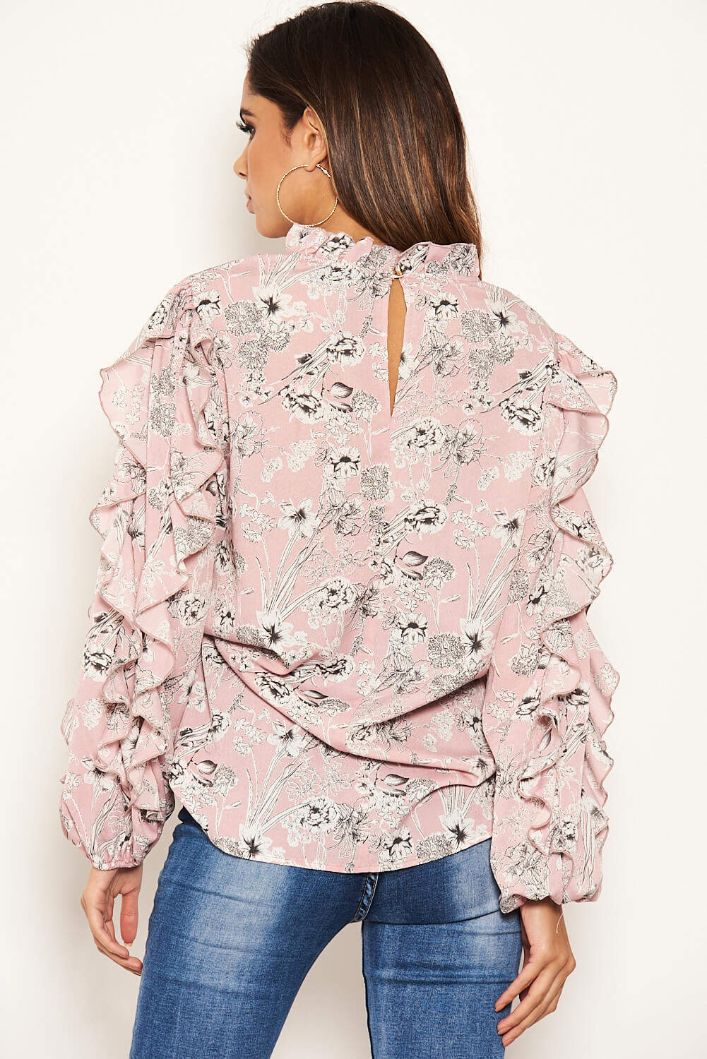 Pink Floral Print Frilled Sleeve High Neck Top - Image 5