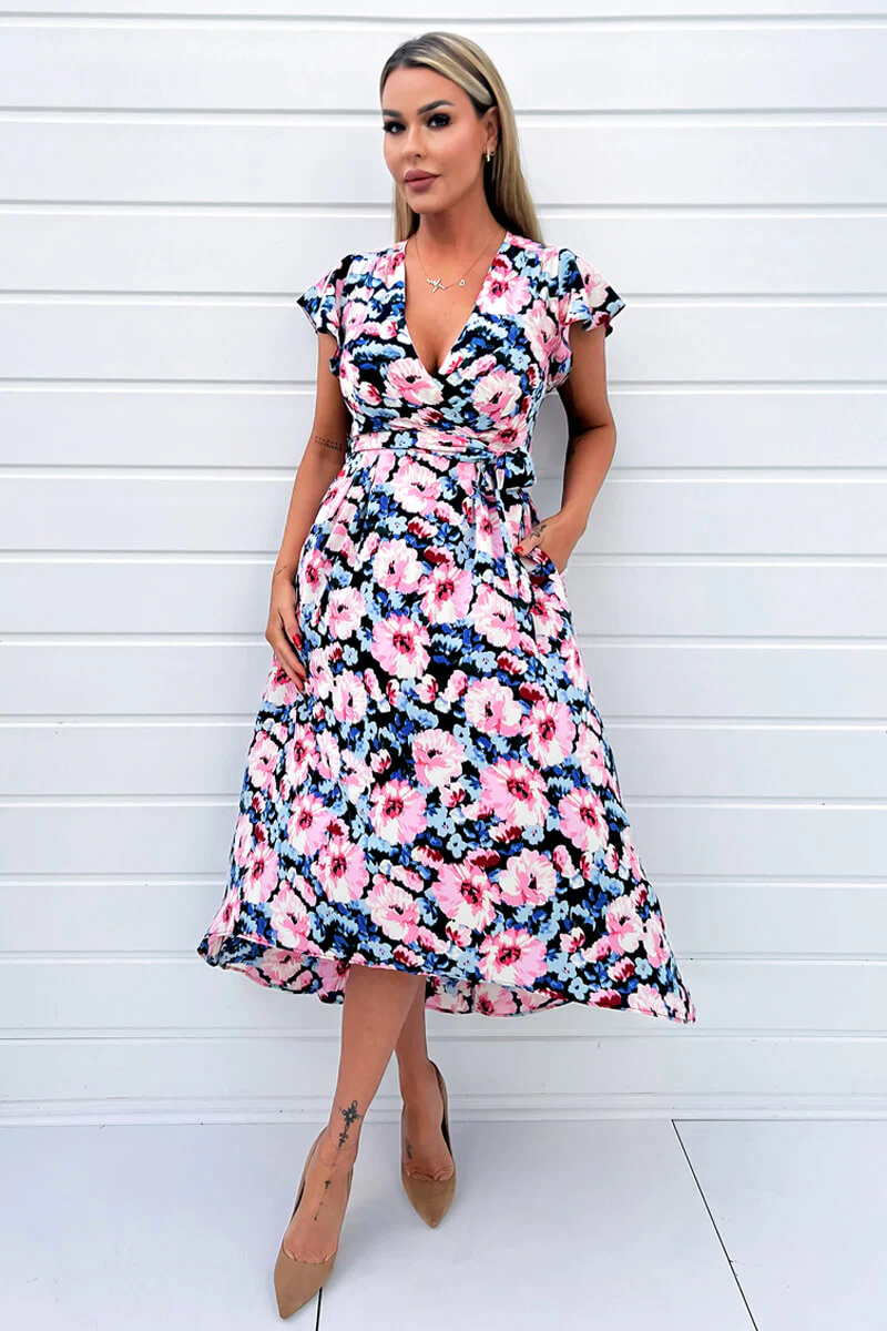 Pink Floral Print Short Sleeve Belted Wrap Midi Dress - Image 2