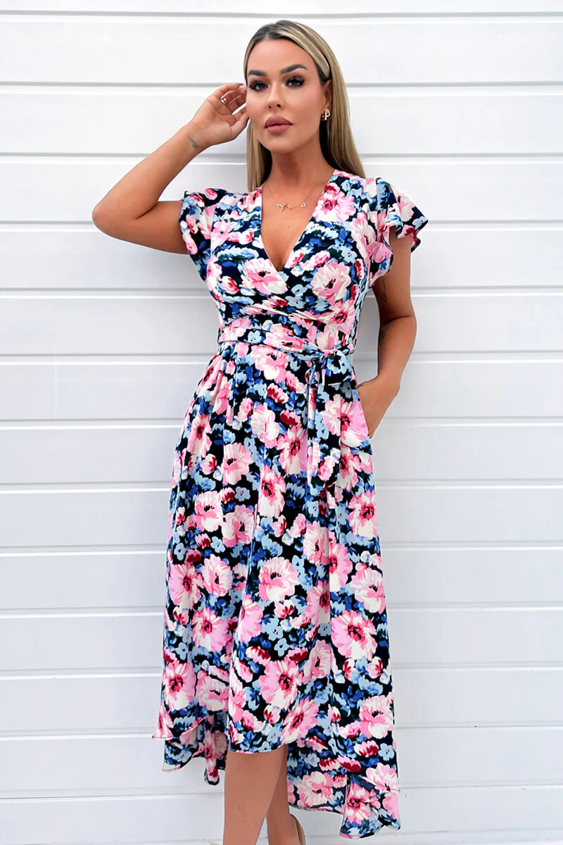 Pink Floral Print Short Sleeve Belted Wrap Midi Dress - Image 3