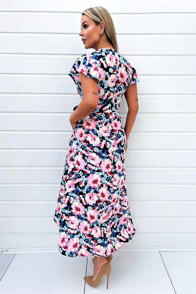 Pink Floral Print Short Sleeve Belted Wrap Midi Dress - Image 4