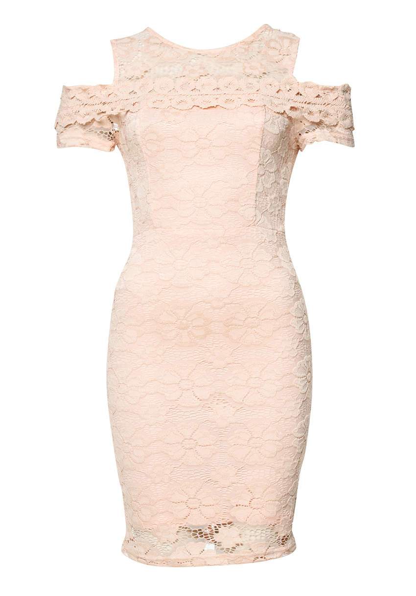 Pink Lace Cut Out Shoulder Fitted Dress - Image 4