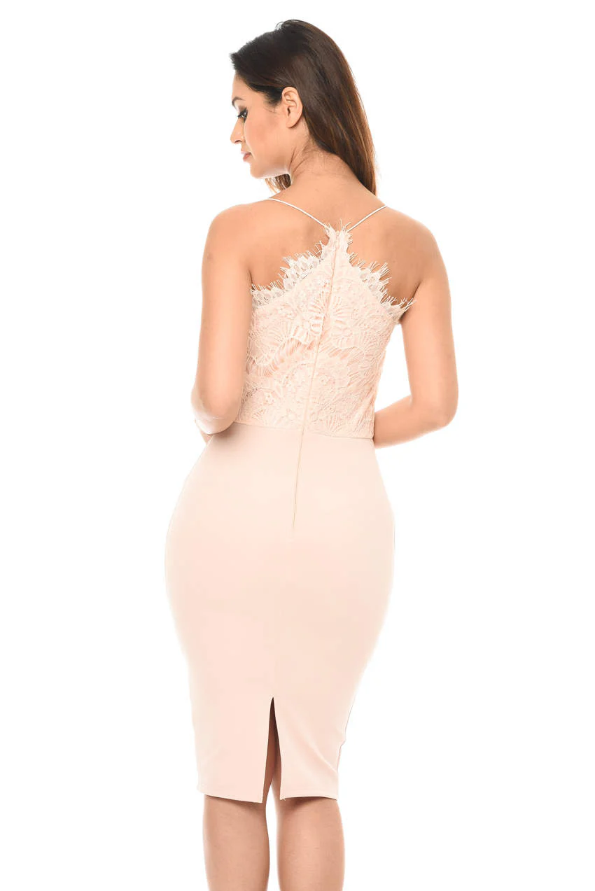 Pink Lace Detailed Midi Dress With Spaghetti Straps - Image 3
