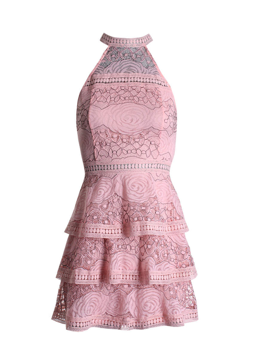 Pink Lace High Neck Tiered Dress - Image 5