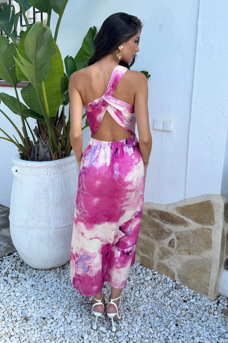Pink Marble Print One Shoulder Twist Back Midi Dress - Image 5