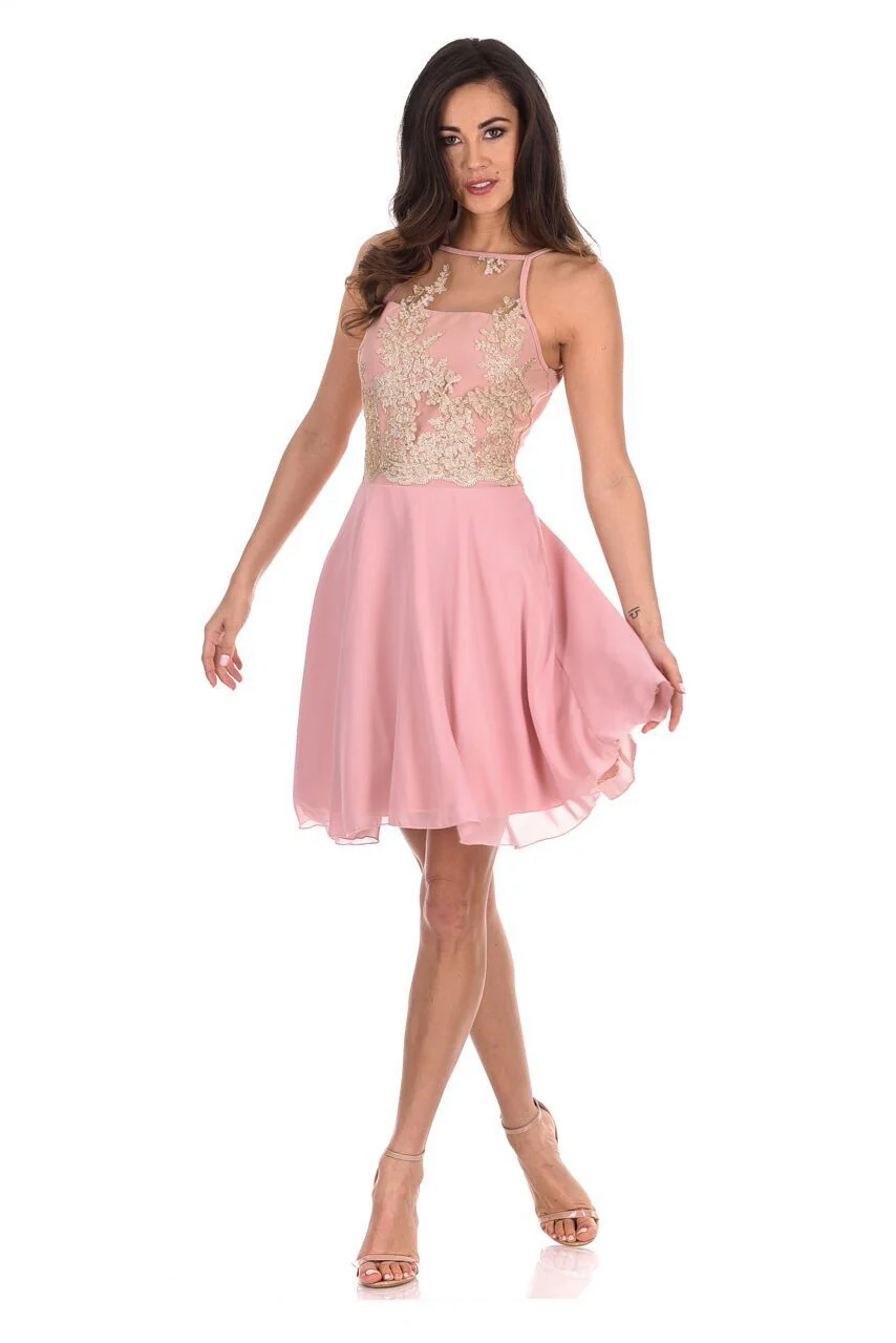 Pink Mesh Gold Embroidered Skater Dress - Image 2