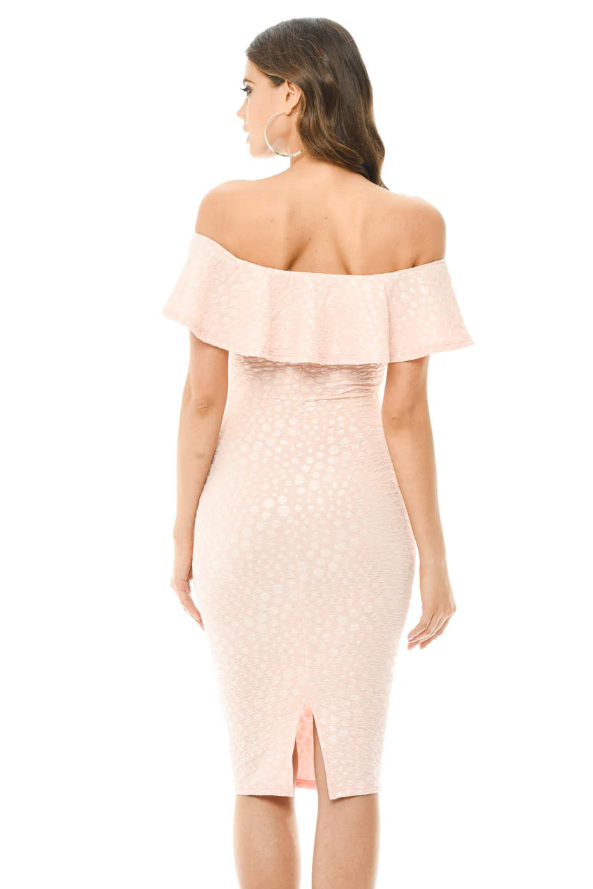 Pink Off The Shoulder Frill Bodycon Midi Dress - Image 3