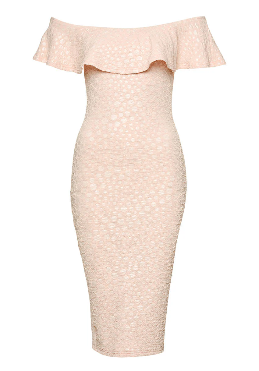 Pink Off The Shoulder Frill Bodycon Midi Dress - Image 4