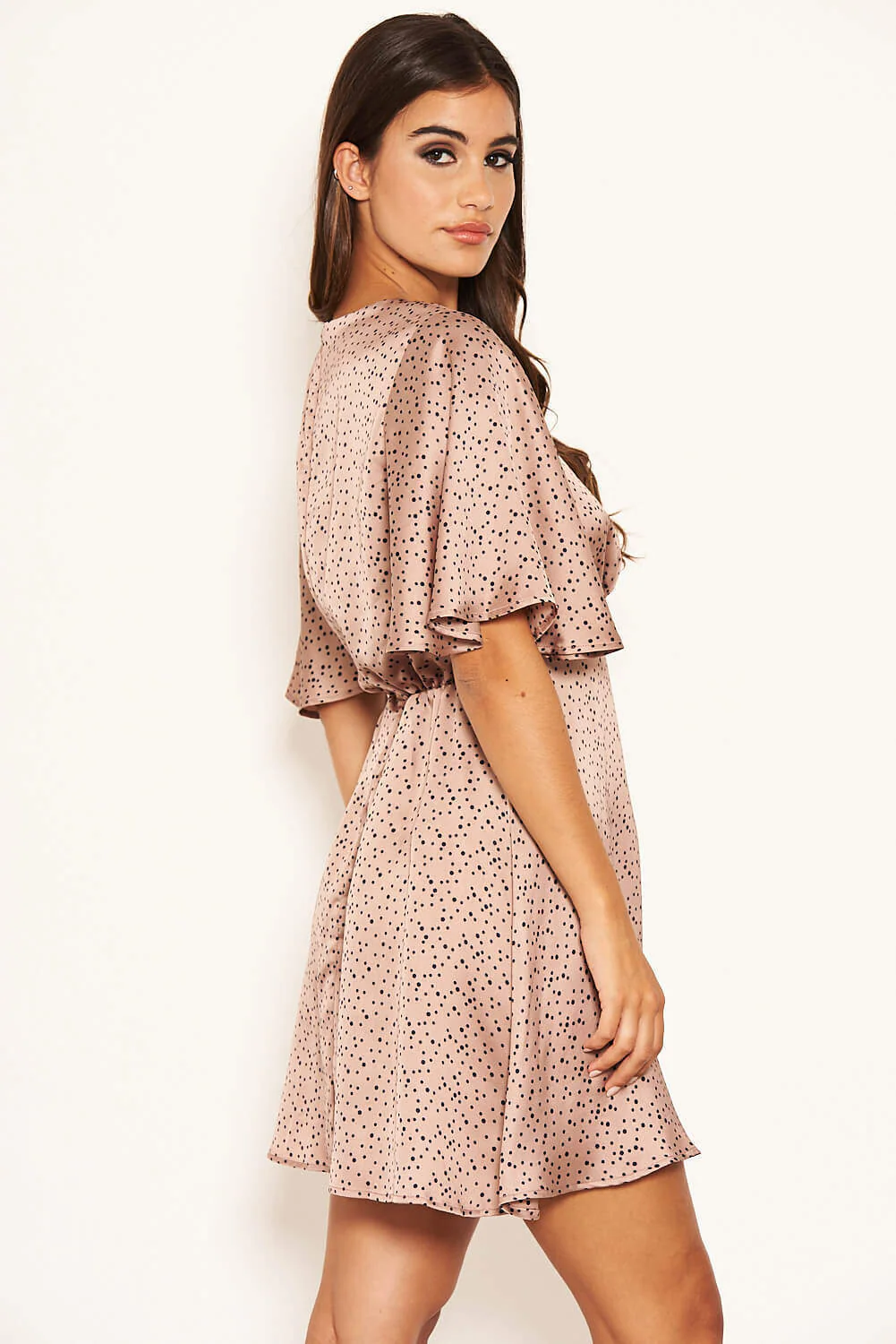Pink Polka Dot Gathered Waist Skater Dress - Image 3