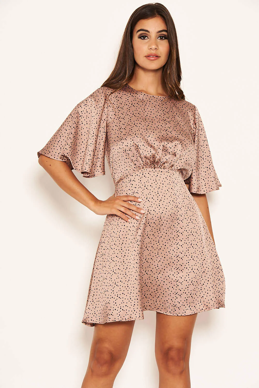 Pink Polka Dot Gathered Waist Skater Dress - Image 4