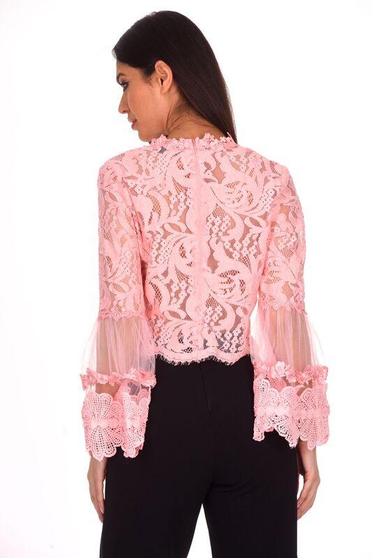 Pink Sheer Lace Long Sleeve Top - Image 3