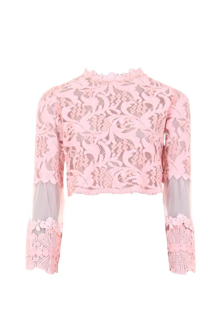Pink Sheer Lace Long Sleeve Top - Image 4