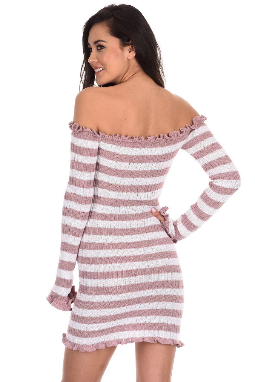 Pink Striped Off The Shoulder Knit Dress - Image 3