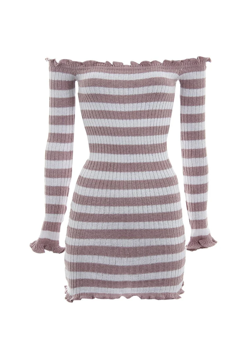 Pink Striped Off The Shoulder Knit Dress - Image 4