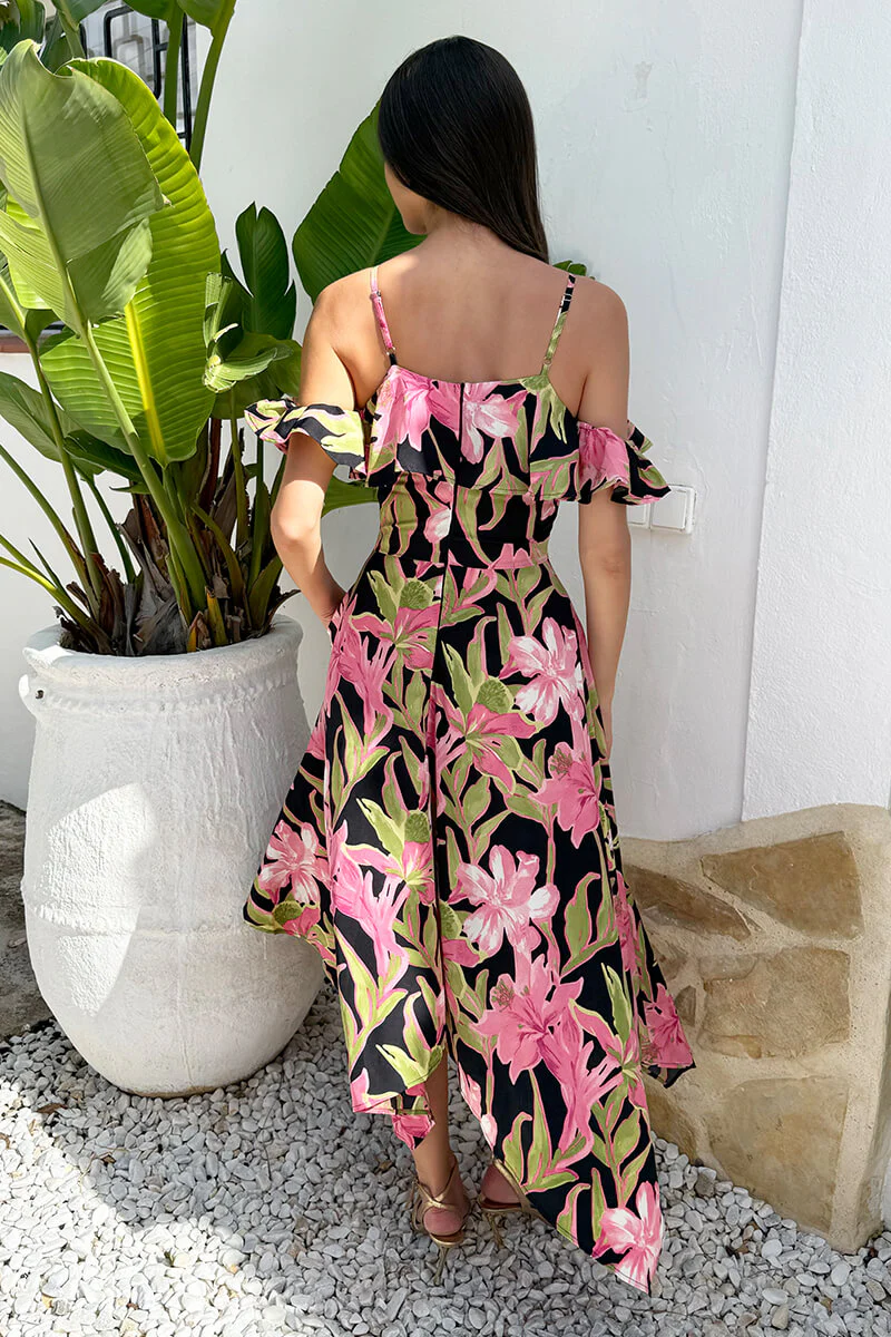 Pink Tropical Flower Print Cold Shoulder Zig Zag Hem Midi Dress - Image 5