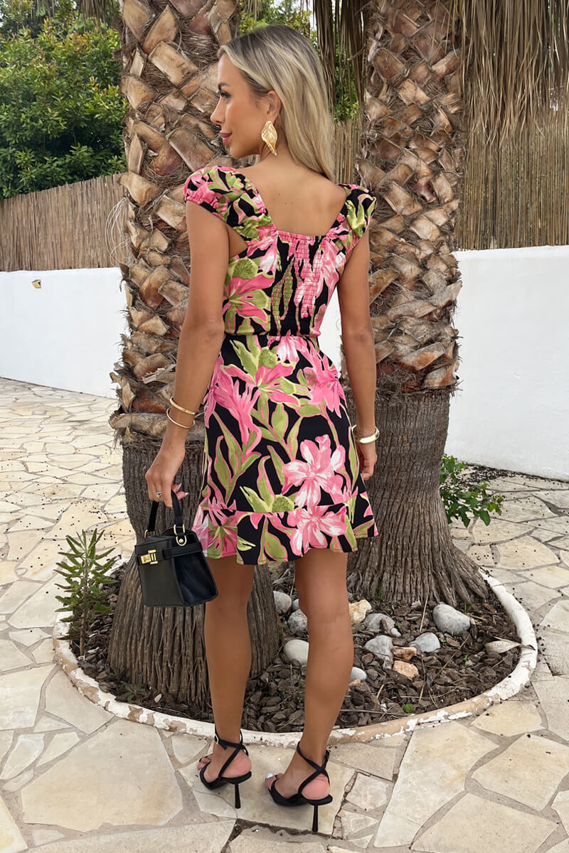 Pink Tropical Flower Print Tie Front Puff Sleeve Mini Dress - Image 5